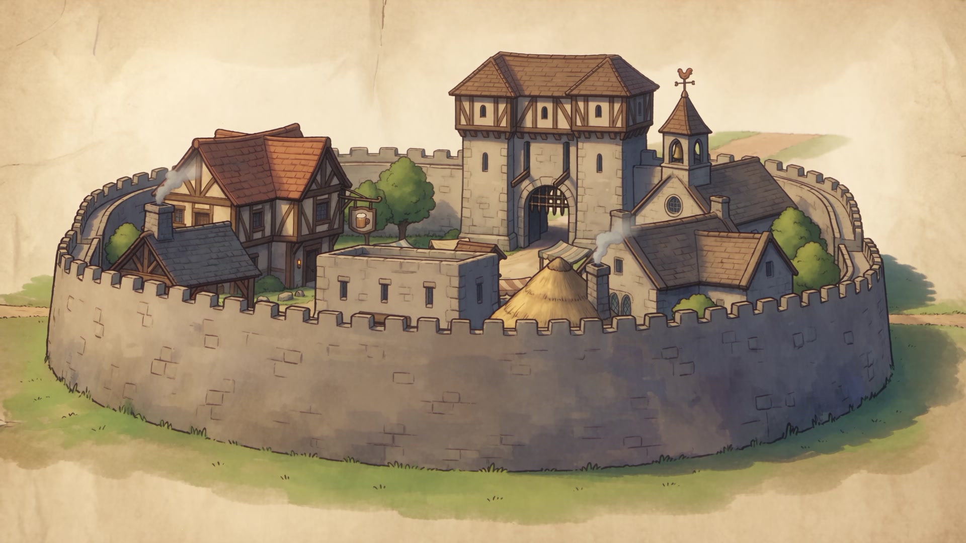 An illustrated aerial view of the walled town of Cipherfell and its market square